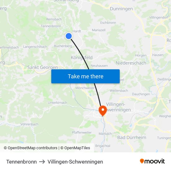 Tennenbronn to Villingen-Schwenningen map