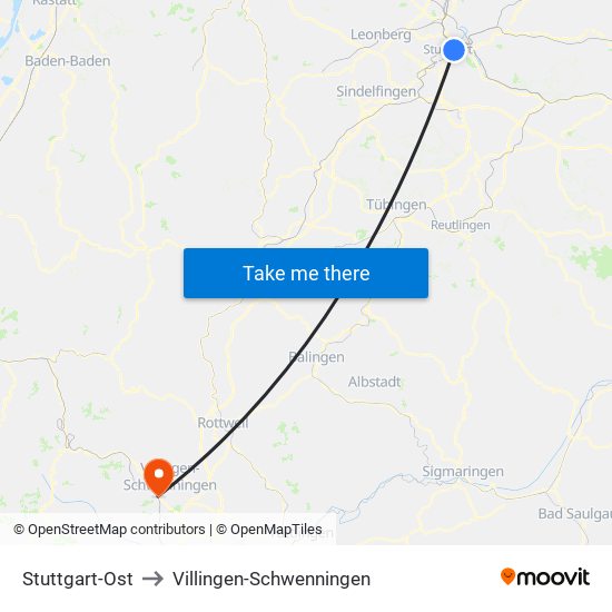 Stuttgart-Ost to Villingen-Schwenningen map