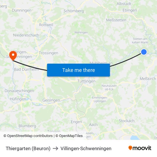 Thiergarten (Beuron) to Villingen-Schwenningen map