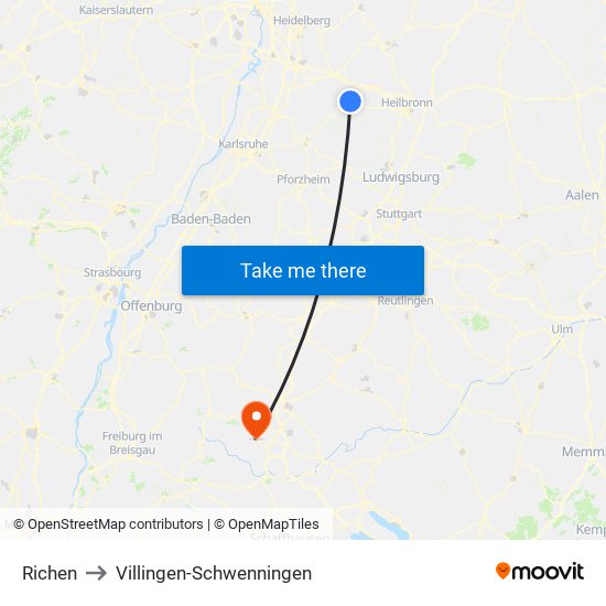 Richen to Villingen-Schwenningen map