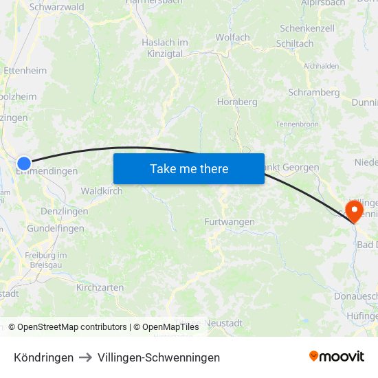 Köndringen to Villingen-Schwenningen map