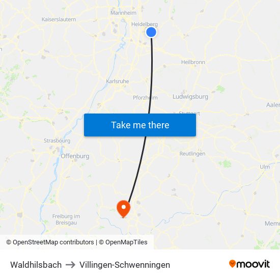 Waldhilsbach to Villingen-Schwenningen map