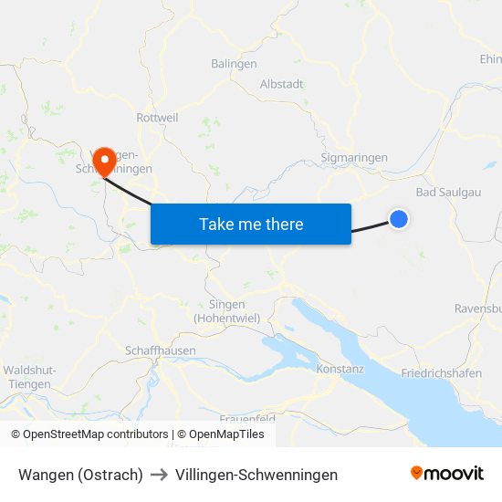 Wangen (Ostrach) to Villingen-Schwenningen map