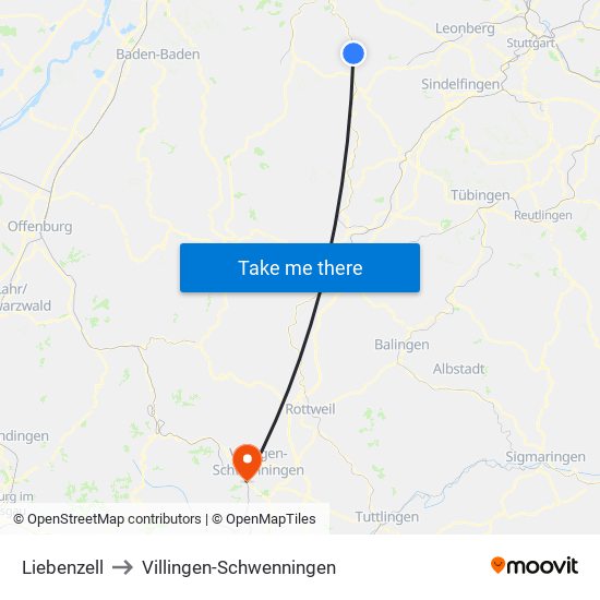 Liebenzell to Villingen-Schwenningen map