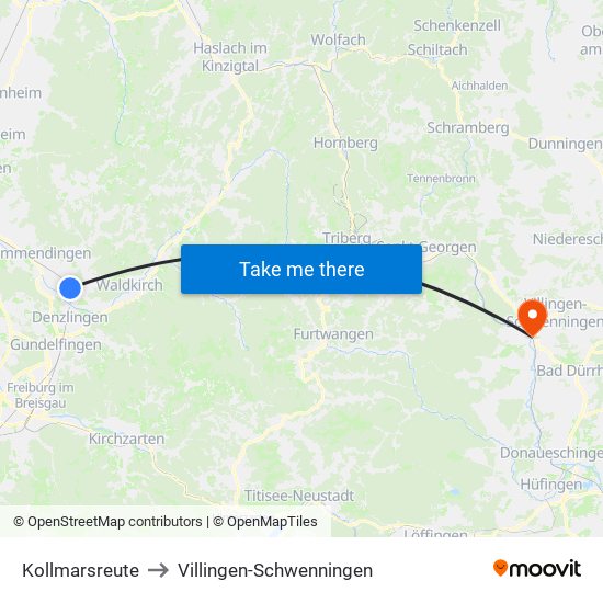 Kollmarsreute to Villingen-Schwenningen map