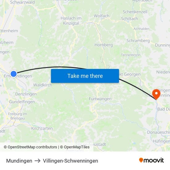 Mundingen to Villingen-Schwenningen map