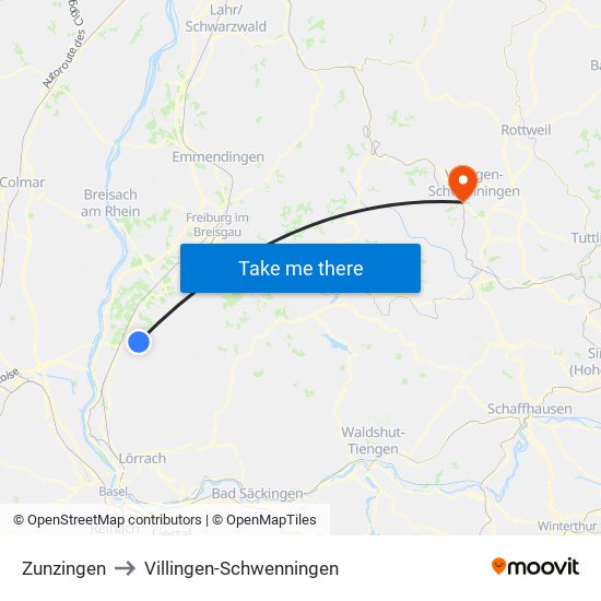 Zunzingen to Villingen-Schwenningen map