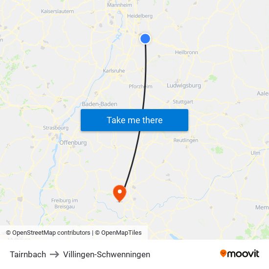 Tairnbach to Villingen-Schwenningen map