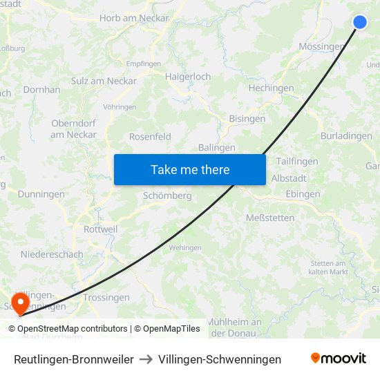 Reutlingen-Bronnweiler to Villingen-Schwenningen map