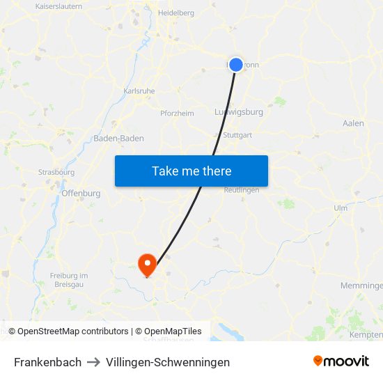 Frankenbach to Villingen-Schwenningen map