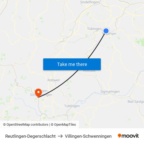 Reutlingen-Degerschlacht to Villingen-Schwenningen map