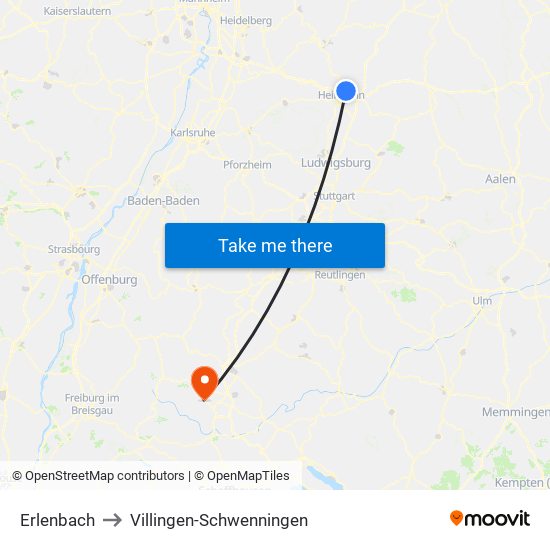 Erlenbach to Villingen-Schwenningen map