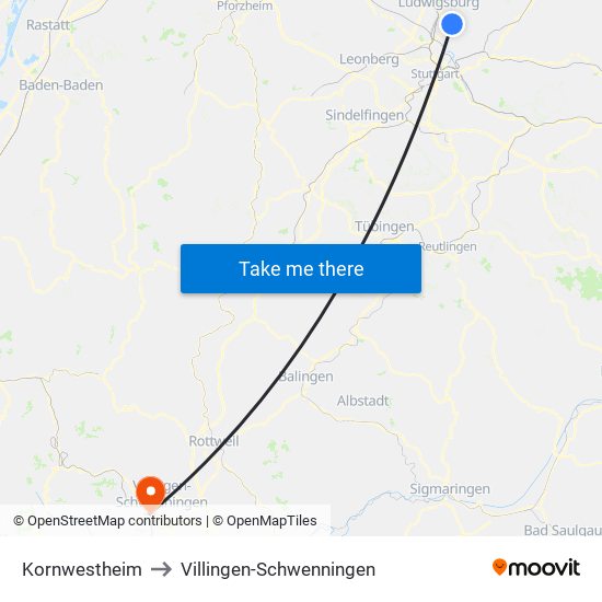 Kornwestheim to Villingen-Schwenningen map