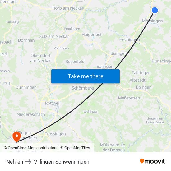 Nehren to Villingen-Schwenningen map