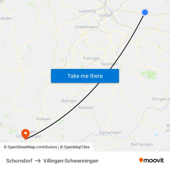 Schorndorf to Villingen-Schwenningen map