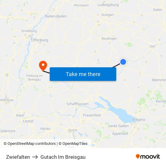Zwiefalten to Gutach Im Breisgau map