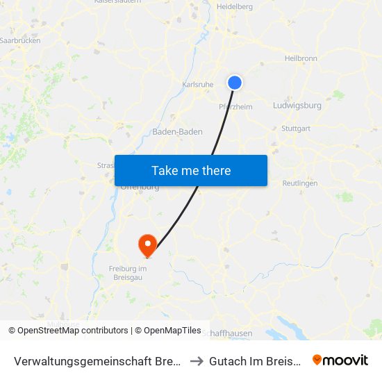 Verwaltungsgemeinschaft Bretten to Gutach Im Breisgau map