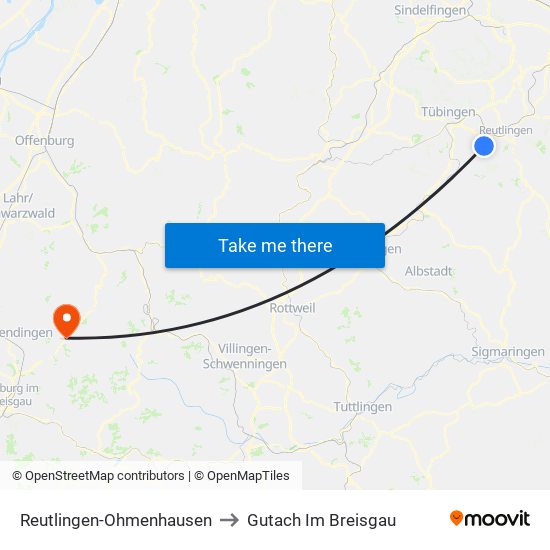 Reutlingen-Ohmenhausen to Gutach Im Breisgau map