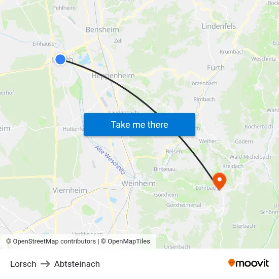Lorsch to Abtsteinach map