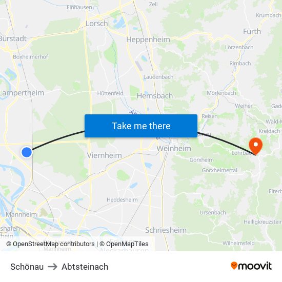 Schönau to Abtsteinach map