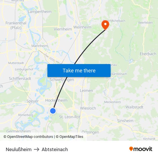 Neulußheim to Abtsteinach map