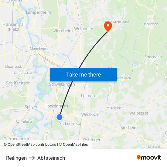 Reilingen to Abtsteinach map