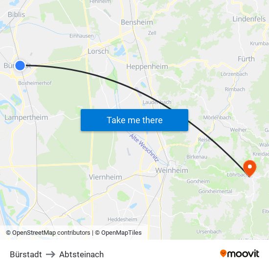 Bürstadt to Abtsteinach map