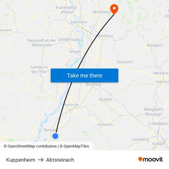 Kuppenheim to Abtsteinach map