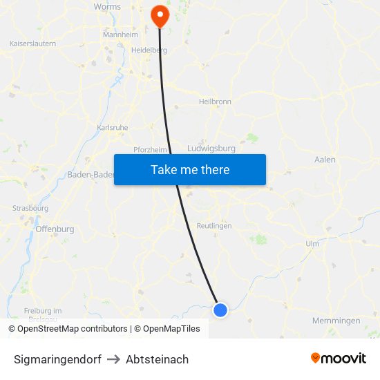 Sigmaringendorf to Abtsteinach map