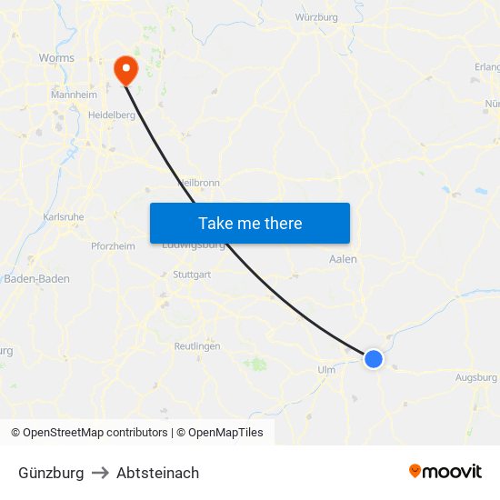 Günzburg to Abtsteinach map