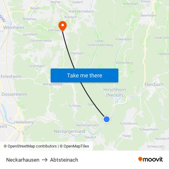 Neckarhausen to Abtsteinach map