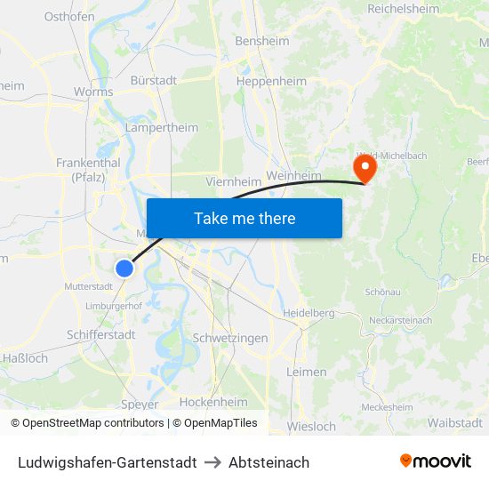 Ludwigshafen-Gartenstadt to Abtsteinach map