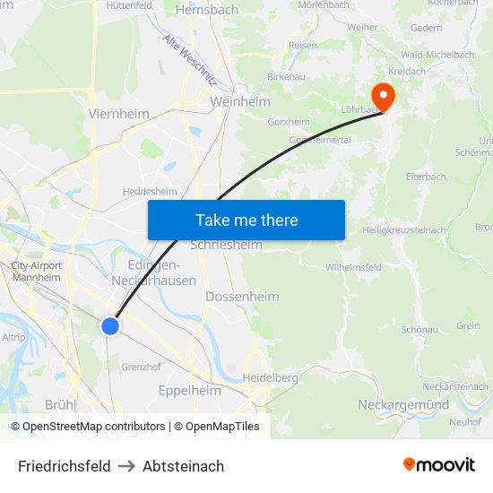 Friedrichsfeld to Abtsteinach map