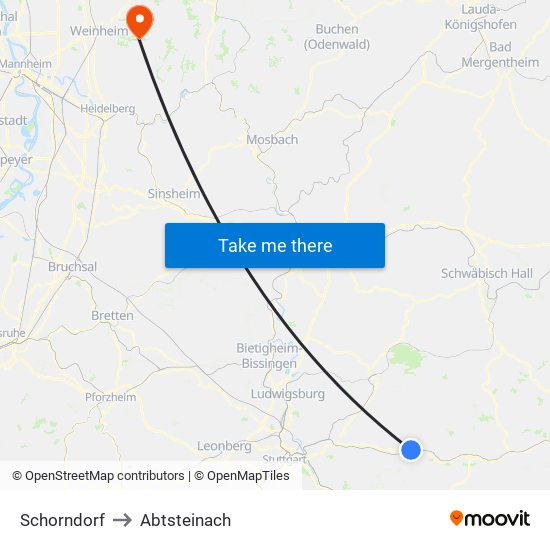 Schorndorf to Abtsteinach map