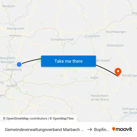 Gemeindeverwaltungsverband Marbach am Neckar to Bopfingen map
