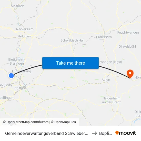Gemeindeverwaltungsverband Schwieberdingen-Hemmingen to Bopfingen map