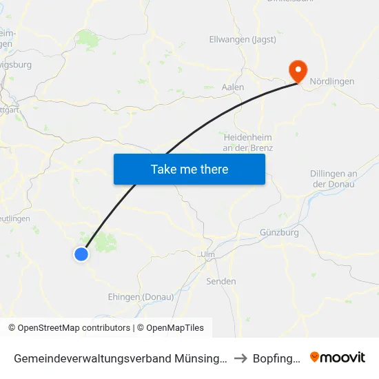 Gemeindeverwaltungsverband Münsingen to Bopfingen map