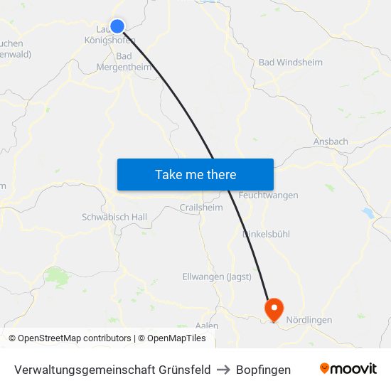 Verwaltungsgemeinschaft Grünsfeld to Bopfingen map