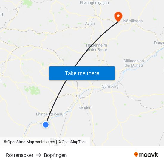 Rottenacker to Bopfingen map