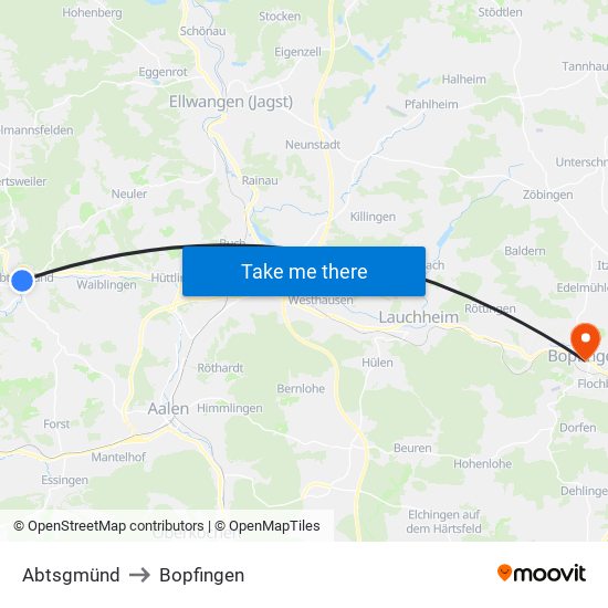 Abtsgmünd to Bopfingen map