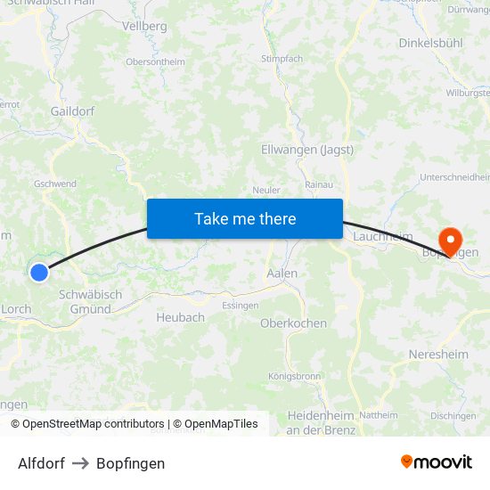 Alfdorf to Bopfingen map