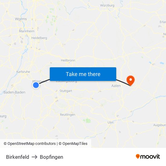 Birkenfeld to Bopfingen map