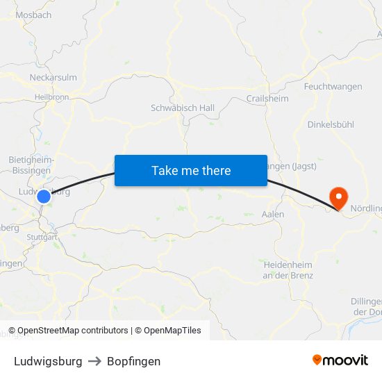 Ludwigsburg to Bopfingen map