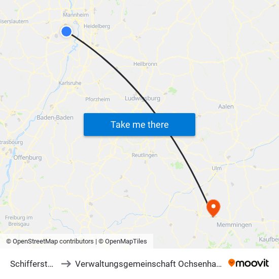 Schifferstadt to Verwaltungsgemeinschaft Ochsenhausen map