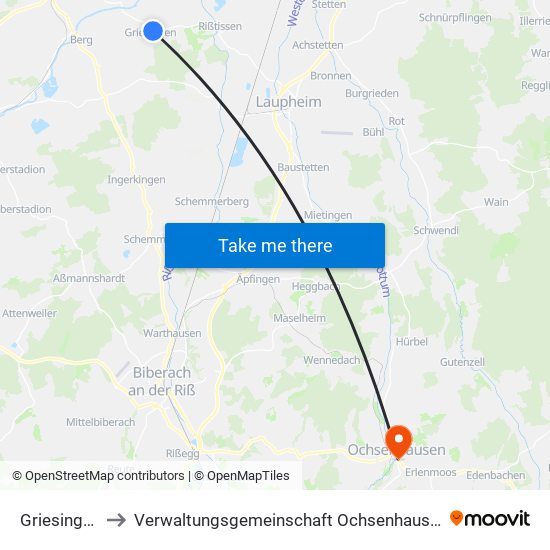 Griesingen to Verwaltungsgemeinschaft Ochsenhausen map