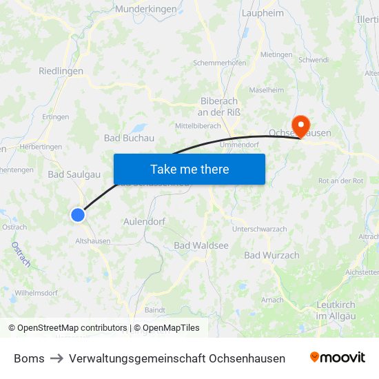 Boms to Verwaltungsgemeinschaft Ochsenhausen map