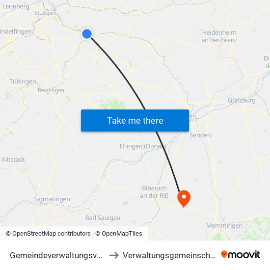 Gemeindeverwaltungsverband Plochingen to Verwaltungsgemeinschaft Ochsenhausen map