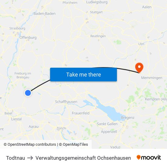 Todtnau to Verwaltungsgemeinschaft Ochsenhausen map