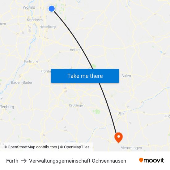 Fürth to Verwaltungsgemeinschaft Ochsenhausen map