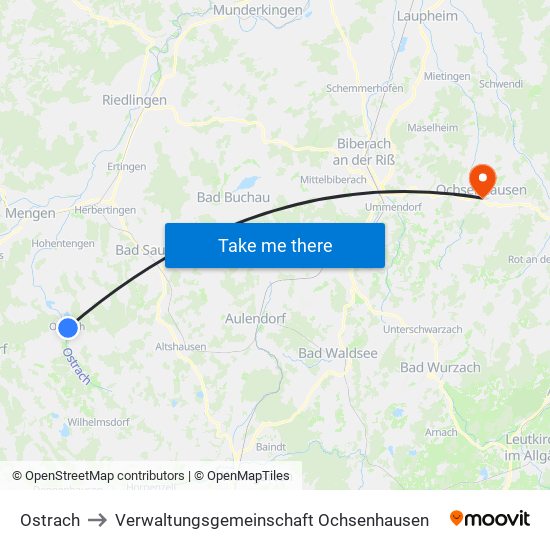 Ostrach to Verwaltungsgemeinschaft Ochsenhausen map